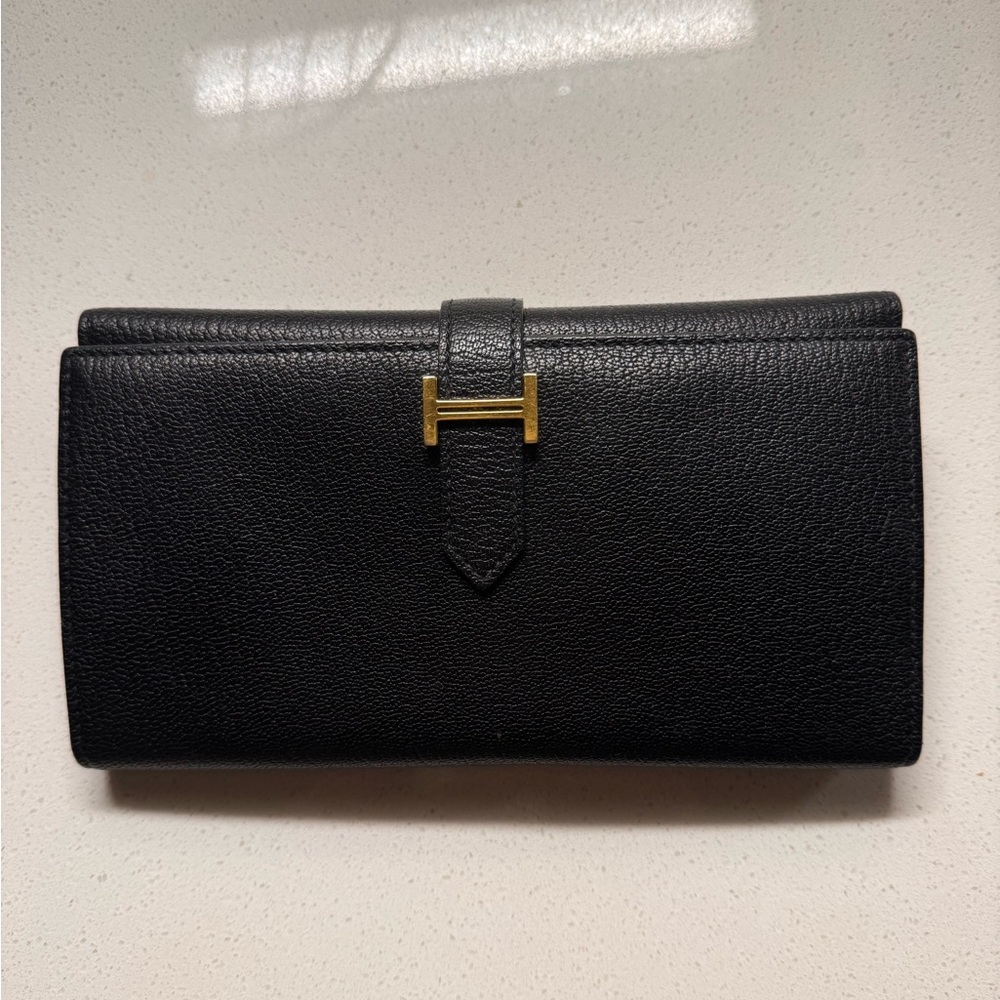 HERMES Bearn Souffle Long Wallet Epsom Black/gold Hardware